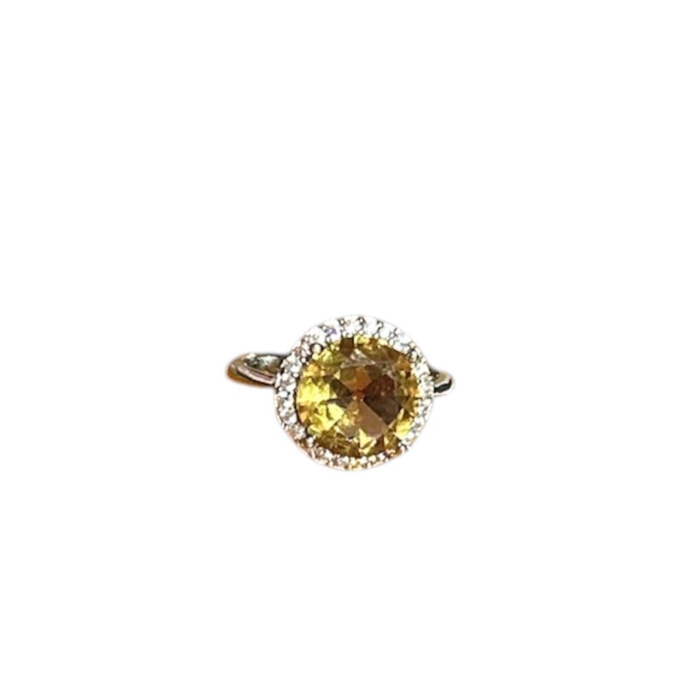Sterling Silver Yellow & White Cubic Zirconia CZ Halo Cocktail Ring Size 6